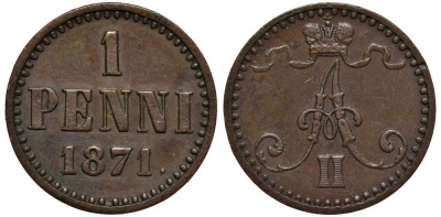 РОССИЯ ДЛЯ ФИНЛЯНДИИ 1 ПЕННИ 1871 АЛЕКСАНДР II Биткин 670 медь 1515-245