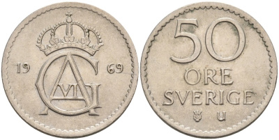 Швеция 50 эре 1969 U, Густав VI Адольф (1950-1973) KM 837 медно-никель 4543-1142