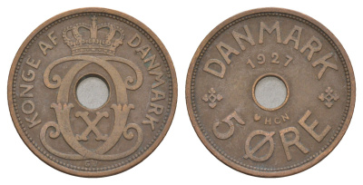 Дания 5 эре 1927 HCN, Кристиан X (1912-1947) KM 828 бронза 4657-225