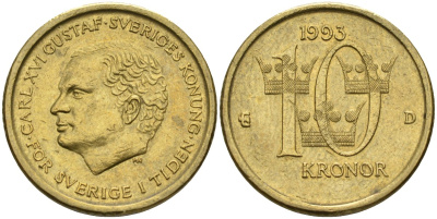 Швеция 10 крон 1993 B, Карл XVI Густав (1973- ) KM 877 медь алюминий цинк 4592-156