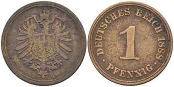 ГЕРМАНИЯ 1 ПФЕННИГ 1888 A, СТАРОГЕРБОВКА KM 1, J. 1, Weege 1 медь 211-527