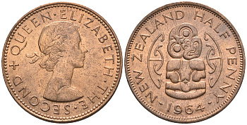 Новая Зеландия 1/2 пенни 1964 Елизавета II (1952-2022), божество Хей-Тики KM 23.2 бронза  aUNC  4176-147