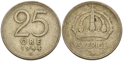 Швеция 25 эре 1944 G, Густав V (1907-1950) KM 816 серебро 4147-952