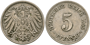 Германия 5 пфеннигов 1909 A, KM 11, J. 12 медно-никель 4608-856