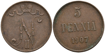 Россия для Финляндии 5 пенни 1907 Николай II (1894-1917) KM 15, Биткин 448 медь 259-1141