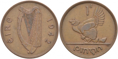 ИРЛАНДИЯ 1 ПЕННИ 1942 КУРИЦА С ЦЫПЛЯТАМИ KM 11 бронза 4545-1026