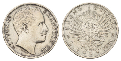 Италия 2 лиры 1906 R, Виктор Эммануил III (1900-1946) KM 33 серебро 413-1943