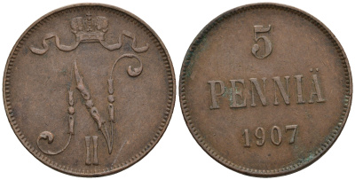 Россия для Финляндии 5 пенни 1907 Николай II (1894-1917) KM 15, Биткин 448 медь 259-1141