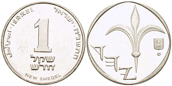 Израиль 1 новый шекель 1995 JE 5755, лилия KM 160а сталь плакированная никелем 3955-1216