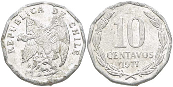 Чили 10 сентаво 1977 KM 205a алюминий 4402-415