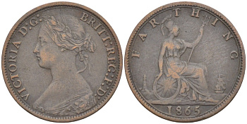 Великобритания 1 фартинг 1865 Виктория (1837-1901) KM 747.2, Spink 3958 бронза 4543-841