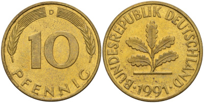 ФРГ 10 пфеннигов 1991 D KM 108, J. 383 сталь плакированная латунью 4175-415