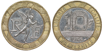 Франция 10 франков 1988 тип гений Бастилии KM 964.1, Le Franc 375.2 биметалл 4606-146