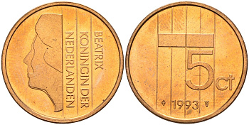 Нидерланды 5 центов 1993 Беатрикс (1980-2013) KM 202 бронза UNC 4116-252