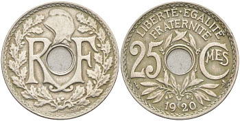 ФРАНЦИЯ 25 САНТИМОВ 1920 ТИП LINDAUER KM 867a, LE FRANC 171.4 медно-никель 55-151