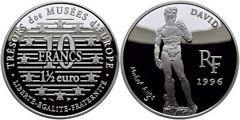 Франция 10 франков = 1 1/2 евро 1996 серия сокровища музеев Европы, Давид работы Микеланджело KM 1146 серебро PROOF  00-00
