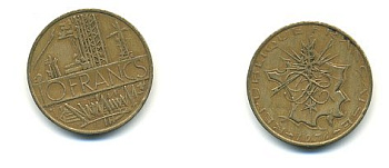 Франция 10 франков 1976 тип Матье KM 940, Le Franc 365.7-8 никель латунь 54-2142