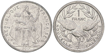 Французская Новая Каледония 1 франк 2017 птица кагу, (IEOM) KM 10, Schoen 10 алюминий 33-1222