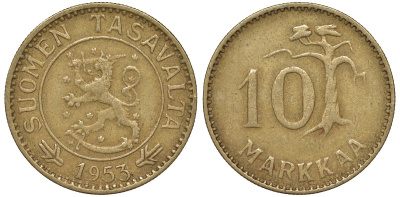 Финляндия 10 марок 1953 H KM 38 алюминиевая бронза 4164-441