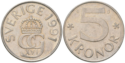 Швеция 5 крон 1991 D, Карл XVI Густав (1973-) KM 853 медно-никель 4131-1022