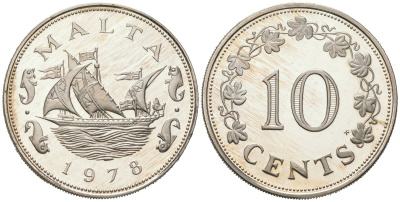 Мальта 10 центов 1978 FM KM 11 медно-никель PROOF 4574-1046