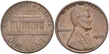США 1 цент 1967 Линкольн KM 201 медь цинк 4115-839