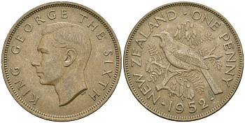 Новая Зеландия 1 пенни 1952 Птица Туи, Король Георг VI (1937 - 1952) KM 21 бронза 4542-1232