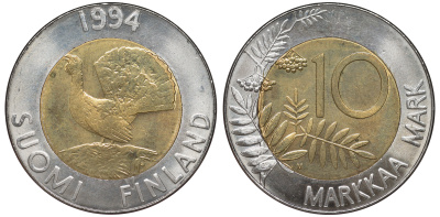 ФИНЛЯНДИЯ 10 МАРОК 1994 ГЛУХАРЬ KM 77 биметалл UNC 3334-836