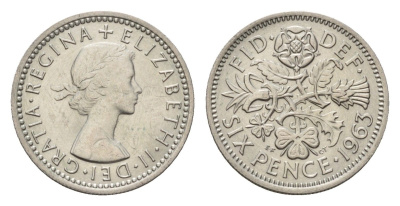 Великобритания 6 пенсов 1963 Елизавета II (1952-2022) KM 903, Spink 4149 медно-никель 4651-1228