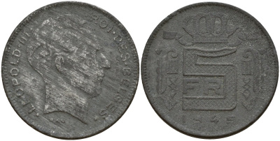 Бельгия 5 франков 1945 DES BELGES, Леопольд III (1934-1947) KM 130 цинк 4161-952
