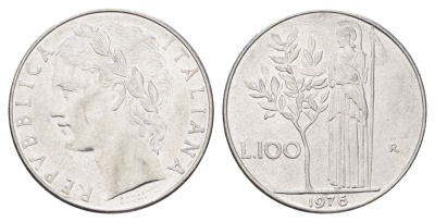 Италия 100 лир 1976 R, Афина в доспехах KM 96.1 нержавеющая сталь 4704-732