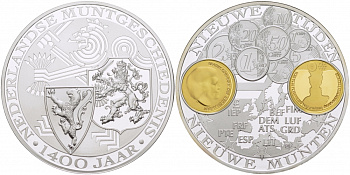 Нидерланды медаль ND 1400 лет монетному делу Нидерландов, выпуск евромонет  серебро, позолота  PROOF  11-154-21