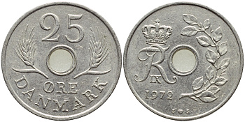 ДАНИЯ 25 ЭРЕ 1972 S; S, ФРЕДЕРИК IX (1947-1972) KM 855.2 медно-никель 4397-215