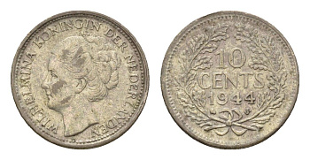 Нидерланды 10 центов 1944 Вильгельмина (1890-1948) KM 163 серебро aUNC 4669-1217