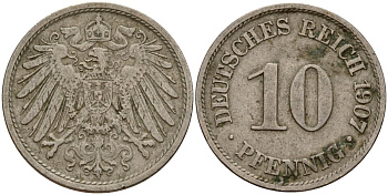 Германия 10 пфеннигов 1907 A KM 12, J. 13 медно-никель 4187-1025