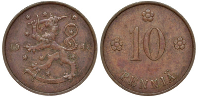 Финляндия 10 пенни 1940 KM 24 медь 51-3212