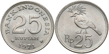 Индонезия 25 рупий 1971 венценосный голубь KM 34 медно-никель UNC 4115-1249