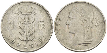 Бельгия 1 франк 1958 Belgie, Бодуэн I (1951-1993) KM 143.1 медно-никель 119-546