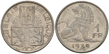 Бельгия 1 франк 1939 Belgie - Belgique KM 120 никель 4603-1255
