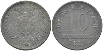 ГЕРМАНИЯ 10 ПФЕННИГОВ 1921 (1917-1922) KM 26, J. 299, Weege 8 цинк 210-253