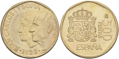 Испания 500 песет 1988 M, Хуан Карлос I (1975-2001) и София KM 831 алюминиевая бронза 4583-1014