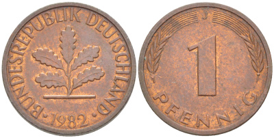 ФРГ 1 ПФЕННИГ 1982 J KM 105, J. 380 сталь плакированная медью 4181-649