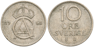 Швеция 10 эре 1968 U Густав VI Адольф (1950-1973) KM 835 медно-никель 4364-3611