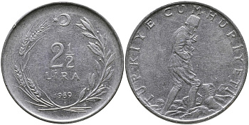 ТУРЦИЯ 2 1/2 ЛИРЫ 1969 KM 893.2 нержавеющая сталь 29-615