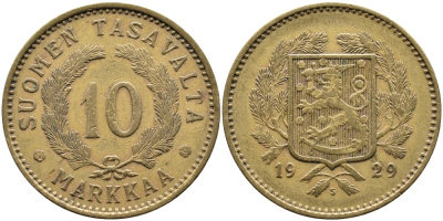 Финляндия 10 марок 1929 S KM 63 алюминиевая бронза 4388-1046