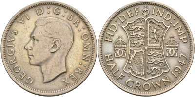 Великобритания 1/2 кроны 1947 Георг VI (1936-1952) KM 866, Spink 4101 медно-никель    4157-723