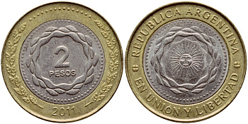 Аргентина 2 песо 2011 майское солнце KM 165 биметалл aUNC M20-6
