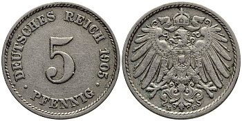 ГЕРМАНИЯ 5 ПФЕННИГОВ 1905 E KM 11, Jager 12, Weege 6 медно-никель 4547-445