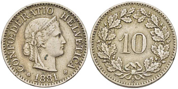 Швейцария 10 раппенов 1881 В KM 27 медно-никель 4513-156