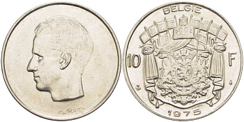 БЕЛЬГИЯ 10 ФРАНКОВ 1975 BELGIE, БОДУЭН I (1951-1993) KM 156.1 никель 38-635